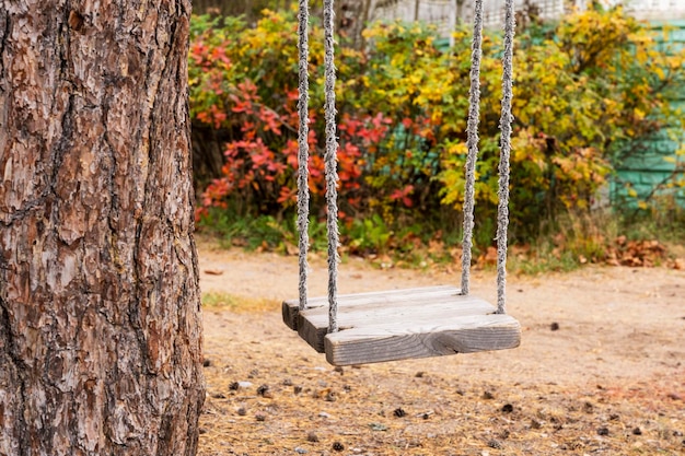 Zdjęcie huśtawka linowa dla dzieci wisząca samotnie i nieruchomo pod drzewem wspomnienia nostalgii z dzieciństwa