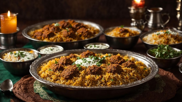 Hyderabadi Biryani podawany z pięknie ustawionym stołem może trochę raita i salan na boku