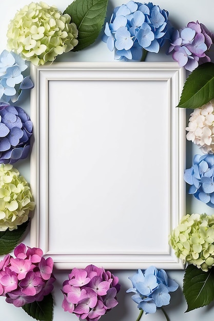 Hydrangea Hues Harmony pusta ramka Mockup z białą pustą przestrzenią do umieszczenia projektu