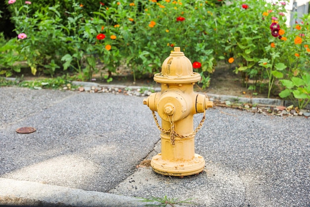 Hydrant przeciwpożarowy jest gotowy, jest latarnią bezpieczeństwa i gotowości pośród zgiełku miejskiego symbolizującego