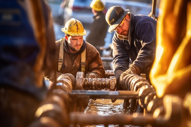 Hydraulicy na placu budowy naprawiający rury i sprzęt za pomocą Generative AI