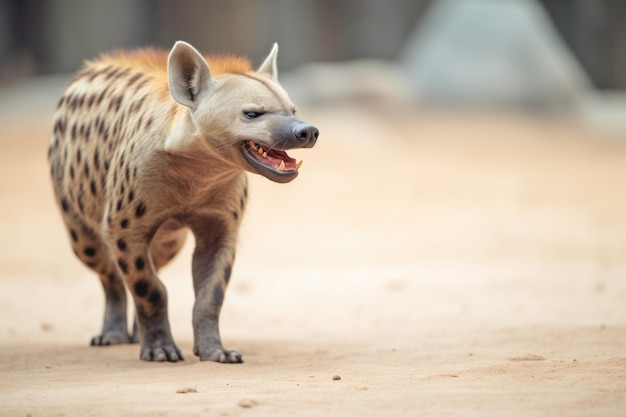 Hyena wywołuje dźwięk z wyciągniętym językiem