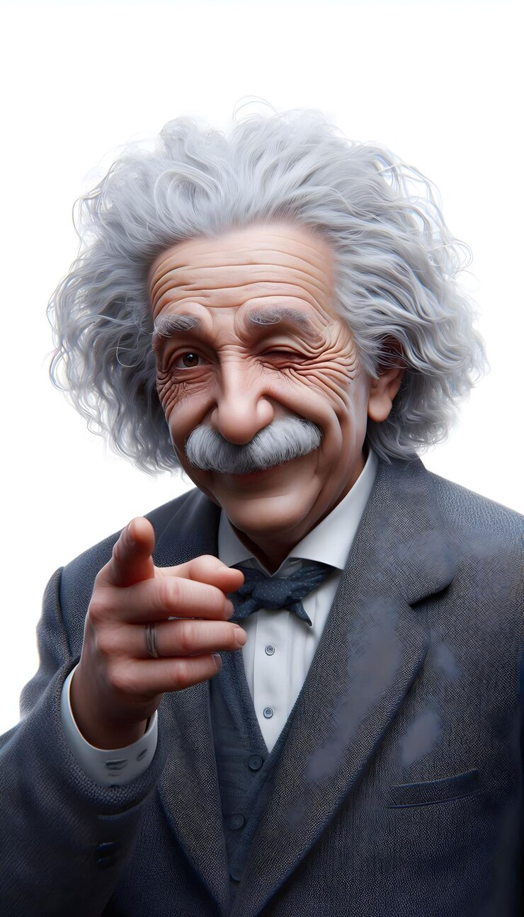 Zdjęcie hyperrealistyczna profesjonalna fotografia alberta einsteina wskazująca i mrugnąca izolowana na białym