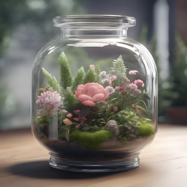 Hyperrealistyczne szklane terrarium z roślinami kwitnącymi