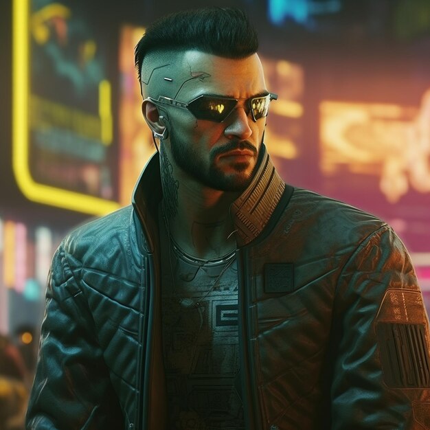 Hyperrealistyczny cyberpunk animowana ilustracja męskiej postaci