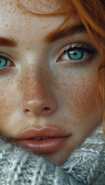 Hyperrealistyczny portret Ginger Beauty z fioletowymi oczami