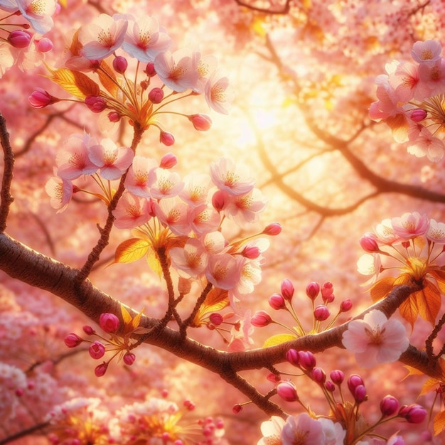 Hyperrealistyczny Sakura Cherry Blossom Drzewo Liście Japoński Festiwal Poranny Dew Osaka Tokio różowy