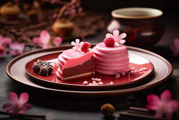 Zdjęcie ia wygenerowało zdjęcie eleganckiego i pięknego różowego deseru 13