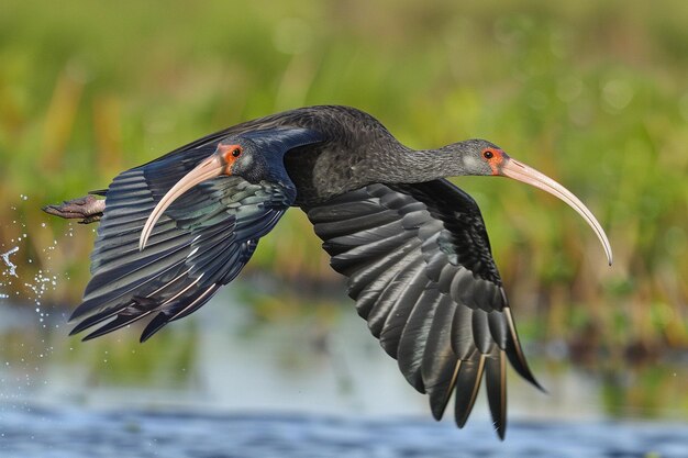 Ibis w locie nad wodą