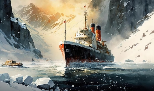 Ice breaker ship Zamrażanie krajobrazu Piękny obraz ilustracji Generative AI