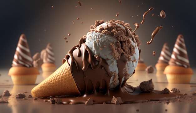 Ice cream chocolate chip waffle cone illustrationobraz sztuka generowana przez sztuczną inteligencję