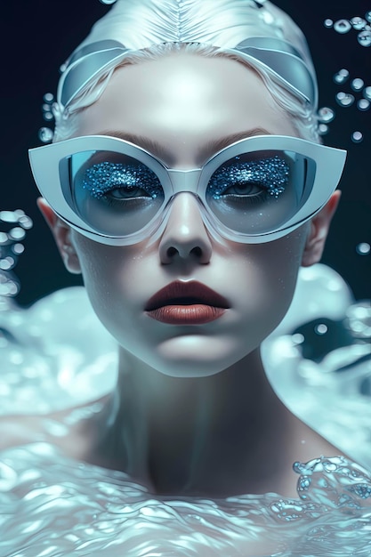 Icy Underwater Fashion Editorial z nieprzezroczystymi okularami przeciwsłonecznymi AIGenerated