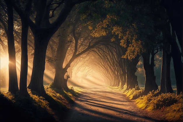 Idąc tą drogą, światło świeciło jasno przez drzewa tworząc piękny widok.