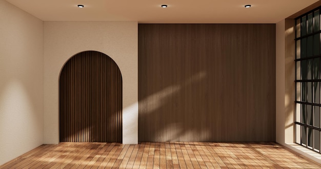 Idea pustego pokoju wnętrza podłogi w stylu zen drewnianej na białym pustym renderowaniu wall3D