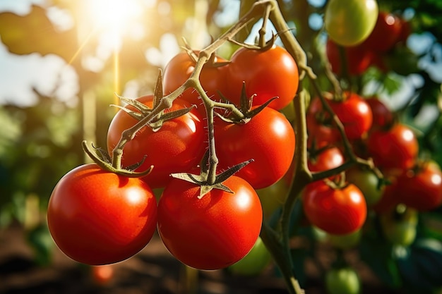 Idealna dojrzała gałąź pomidorów rośnie w szklarni lub ekologicznym ogrodzie warzywnym Światło słoneczne i rozmyte tło