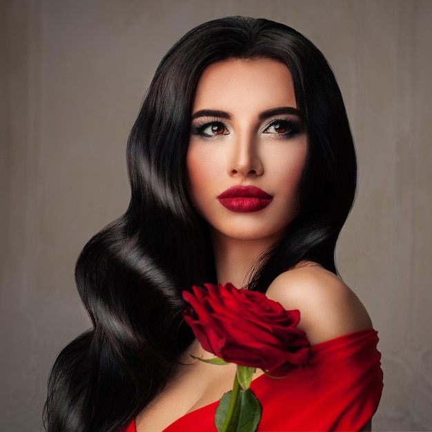 Idealna młoda kobieta modelka z długą trwałą fryzurą, makijażem z czerwonymi ustami i kwiatem róży