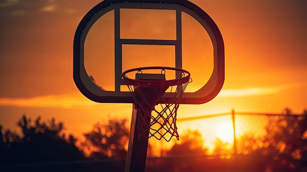 Idealna tapeta z sylwetką zachodzącego słońca w koszu do koszykówki