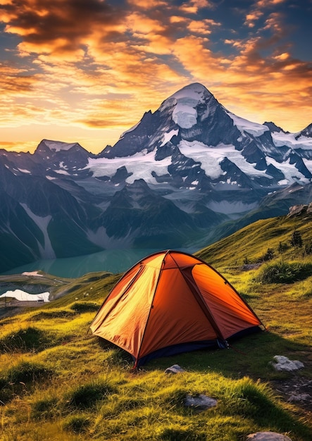Idealne miejsce do kempingu wysoko w górach z namiotem w sezonie letnim Generative Ai
