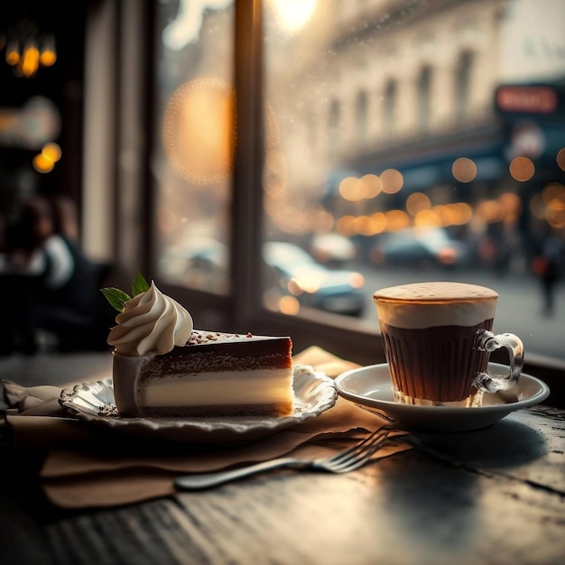 Idealne połączenie Wygenerowane przez AI zdjęcie kawy i ciasta w przytulnej kawiarni