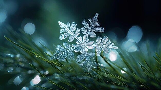 Zdjęcie idealnie krystaliczny płatek śniegu na igle sosnowej