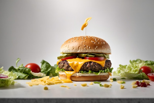 Idealnie skomponowany burger z soczystymi pasztecikami i świeżą sałatą