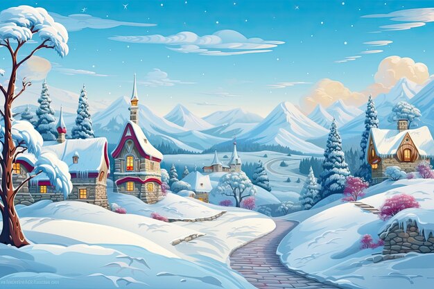 Idealny obraz dla zimowych i świątecznych chat umieszczonych wśród śnieżnych sosen przez generatywną sztuczną inteligencję