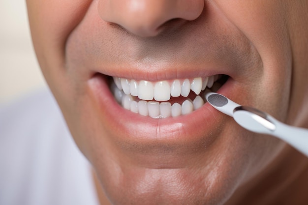Idealny uśmiech mężczyzny ze śnieżnobiałymi zębami trzymający szczoteczkę do zębów Reklama dentysty