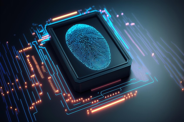 Identyfikacja biometryczna i koncepcja bezpieczeństwa cybernetycznego Świecący neonowy odcisk palca na ciemnym tle Generatywna ilustracja AI