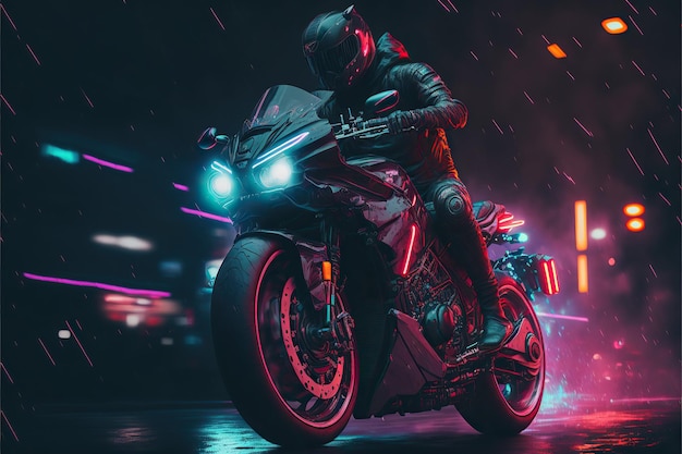 iding Futurystyczny motocykl sportowy w nocnym mieście, cyberpunk