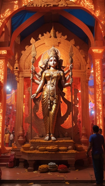 Idol bogini Durgi w ozdobionym pandalu Durga Puja