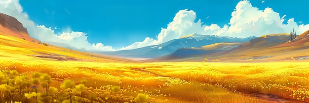 Idylliczna letnia łąka z odległymi górami Bogata zielona trawa pod niebieskim niebem Spokojny krajobraz wiejski