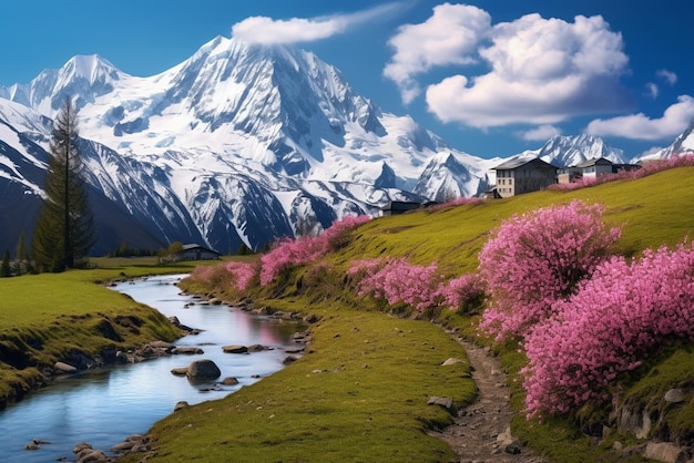 Idylliczny krajobraz górski w Alpach z kwitnącymi łąkami wiosną