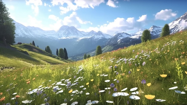 Idylliczny krajobraz górski w Alpach z kwitnącymi łąkami wiosną