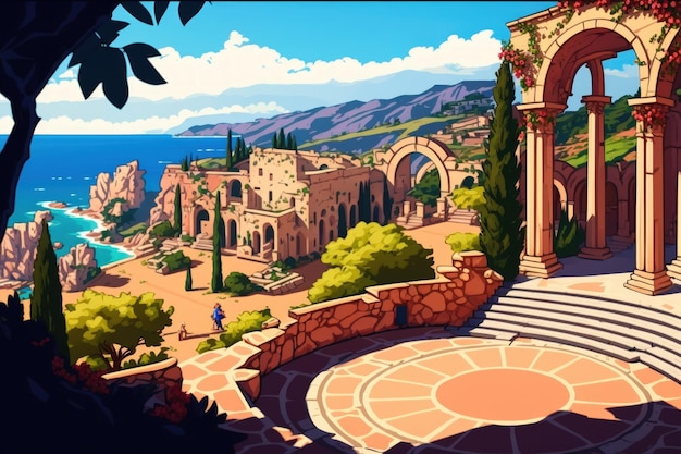 Idylliczny letni dzień w Taormina na Sycylii we Włoszech wśród ruin starożytnego teatru greckiego