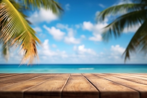 Idylliczny letni tropikalny krajobraz morski z falami liści palmowych i błękitnym niebem Idealny krajobraz wakacyjny z