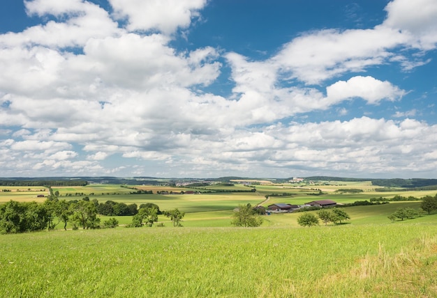 Idylliczny zielony krajobraz na tle nieba