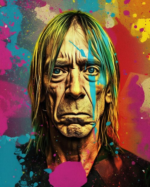 Iggy Pop ma cienką kątową twarz z widocznymi zdjęciami policzków