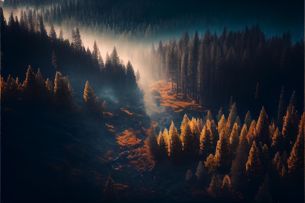 Iglasty mglisty las w górach Generative AI