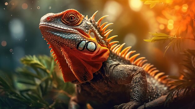 Iguana na drzewie Piękna iguana z pomarańczowymi oczami wysokiego kontrastu