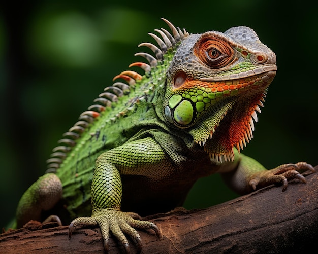 iguana siedzi na gałęzi z zielonym tłem