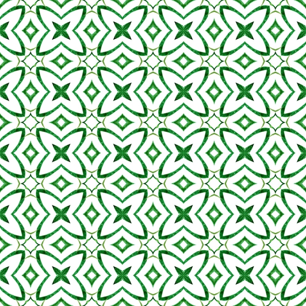 Ikat powtarzający się projekt stroju kąpielowego. Zielony olśniewający letni szyk boho. Tekstylny, schludny nadruk, tkanina na stroje kąpielowe, tapeta, opakowanie. Akwarela ikat powtarzające się obramowanie płytek.