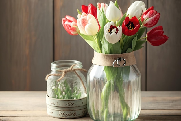 Ikiebana tulipana w szklanym wazonie z pozdrowieniami serca konewka wystrój na drewnianym stole ściana tła z bliska koncepcja projektu Dzień Matki