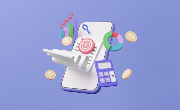 Ikona 3D cel rachunku na smartfonie cyfrowy marketing online analityka optymalizacja wykres wzrostu inwestowanie akcje handel rozwój biznesu koncepcja planowanie doradztwo render w 3D ilustracja