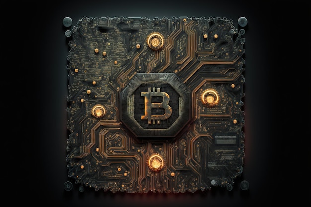 Ikona Bitcoin na ciemnej płycie głównej PC dla kriotominy w abstrakcyjnym stylu