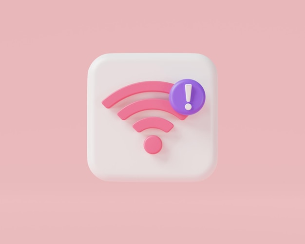 Ikona błędu bezprzewodowego na różowym tle Sieć Wi-Fi jest niedostępna Zła sieć Błąd internetowy Problem z Wi-Fi brak sygnału Wi-Fi brak sygnału internetowego Renderowanie 3D ilustracja kreskówka minimalny styl