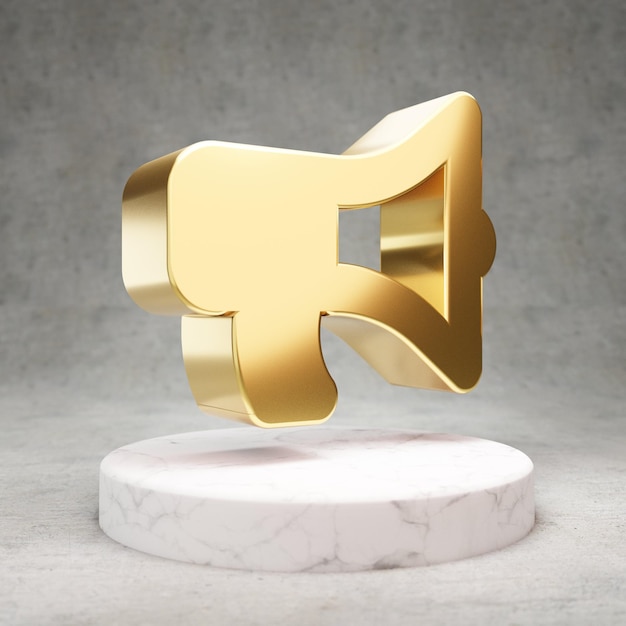 Ikona Bullhorn. Złoty błyszczący symbol Bullhorn na białym marmurowym podium. Nowoczesna ikona dla strony internetowej, mediów społecznościowych, prezentacji, elementu szablonu projektu. renderowania 3D.