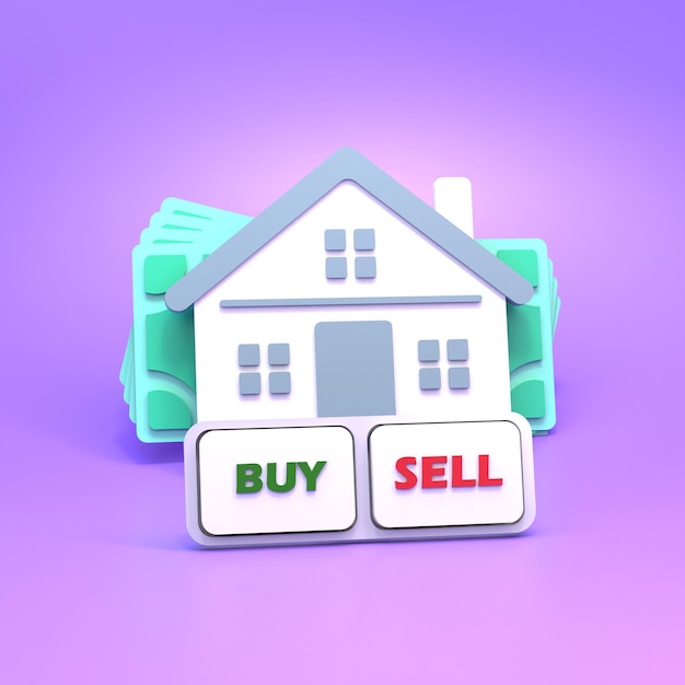 Ikona domu oraz przyciski kupna i sprzedaży renderowania 3d