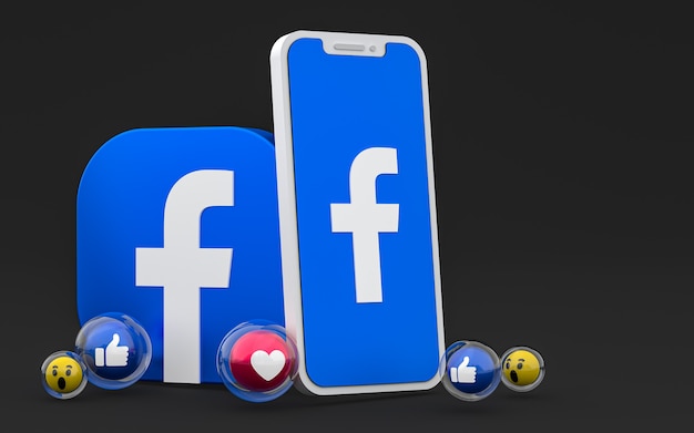 Ikona Facebooka na ekranie smartfona i reakcje na Facebooku miłość, wow, jak emoji z miejscem na kopię