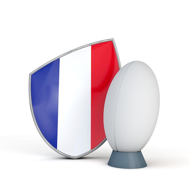 Ikona flagi tarczy Francji rugby z piłką do rugby renderowania 3D