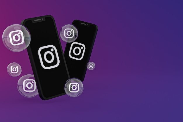 Ikona Instagrama na ekranie smartfona lub reakcje mobilne i instagramowe uwielbiają renderowanie 3d na fioletowym tle